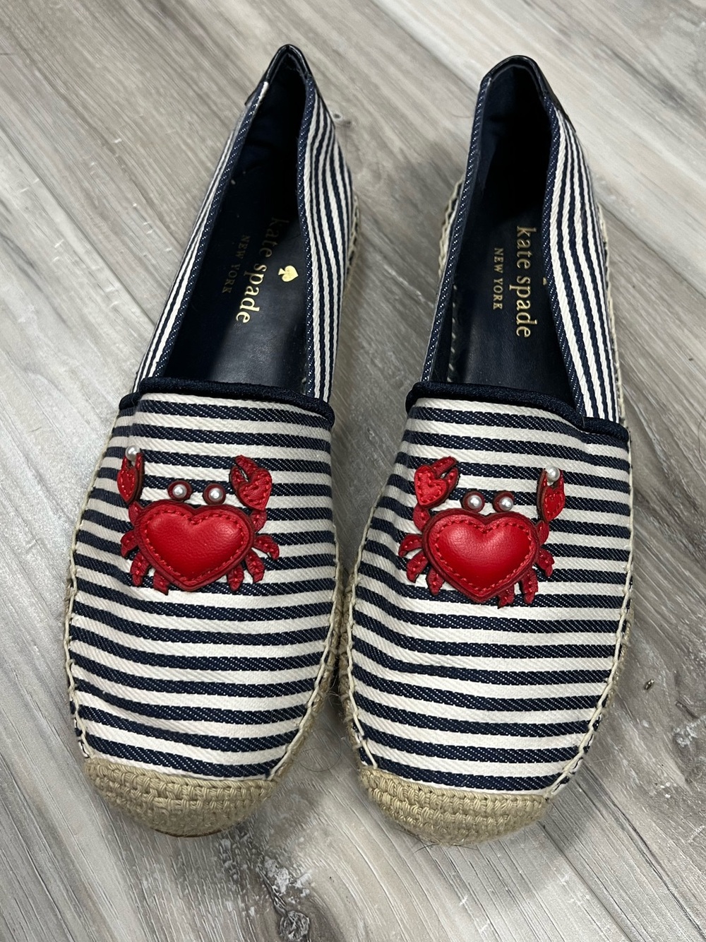 kate spade Navy and White Stripe Espadrilles with Red Crab Accent